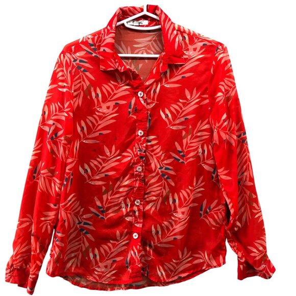Womens Chiffon Long Sleeve Shirt Size S Red Floral Sheer Button Down Blouse - Picture 1 of 7